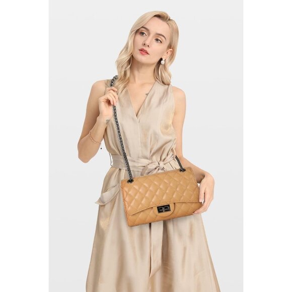 Women Light Khaki Quilted Stylish Crossbody Bag with Chain Strap & Flap Closure - Picture 6 of 6